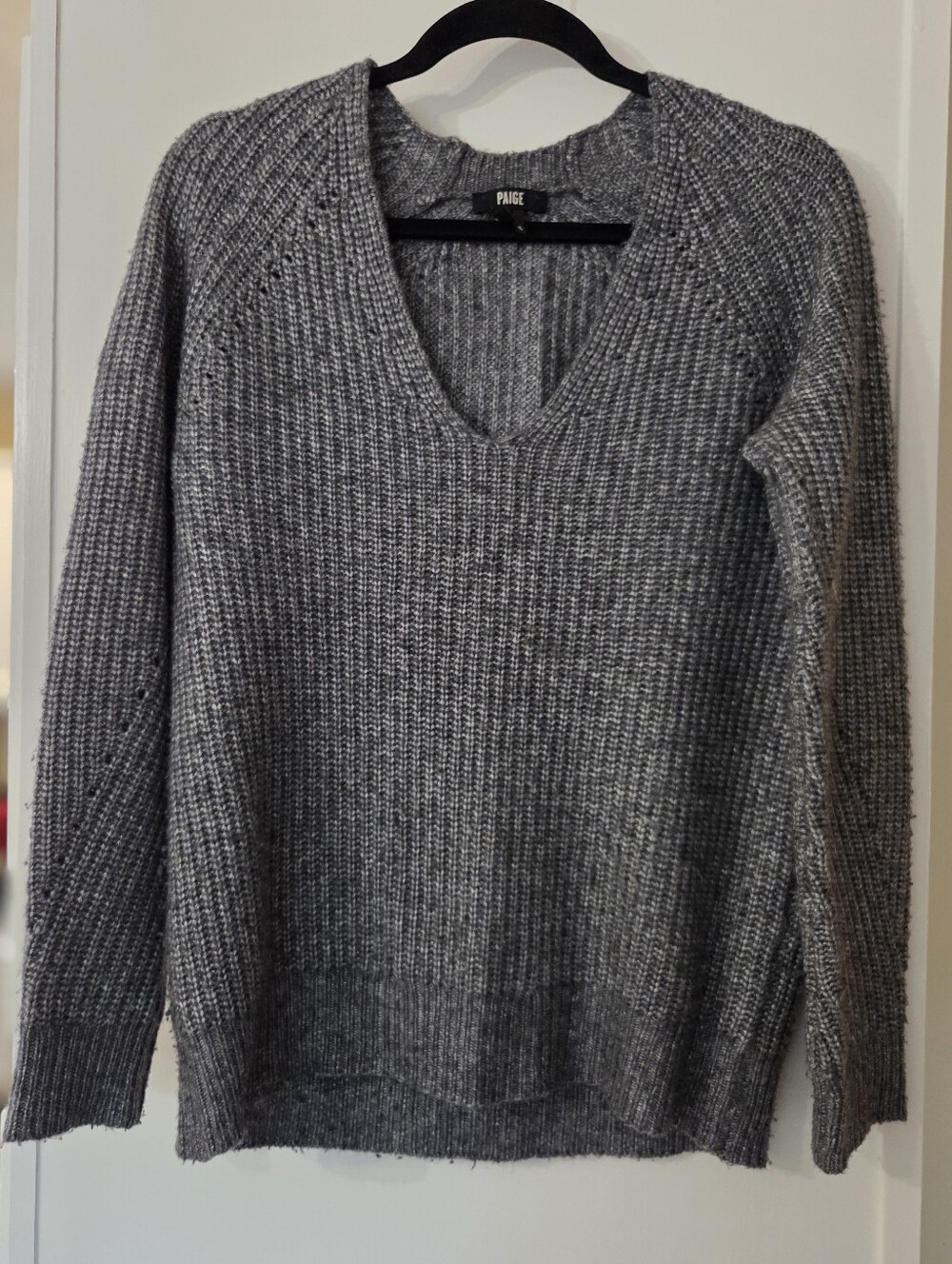 PAIGE Wool-Blend Charcoal Gray V-Neck Ribbed Knit Sweater, S